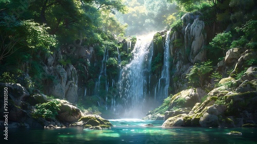 A cascading waterfall, its crystalline waters plunging into a hidden pool, surrounded by verdant foliage and moss-covered rocks