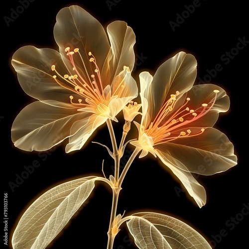 Transparent florals with cyber silverpoint impressionism.
Ethereal X-ray of blooming flowers highlighting the intricate petal structures