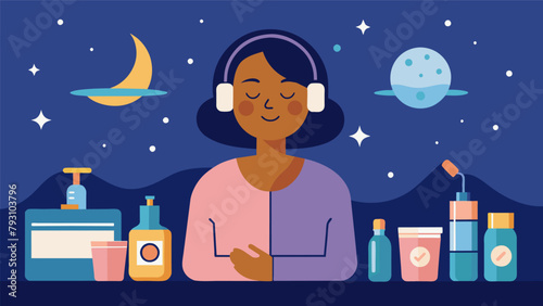 Soft music plays in the background as a person leisurely indulges in their nightly skincare regimen layering on creams and serums to repair and.