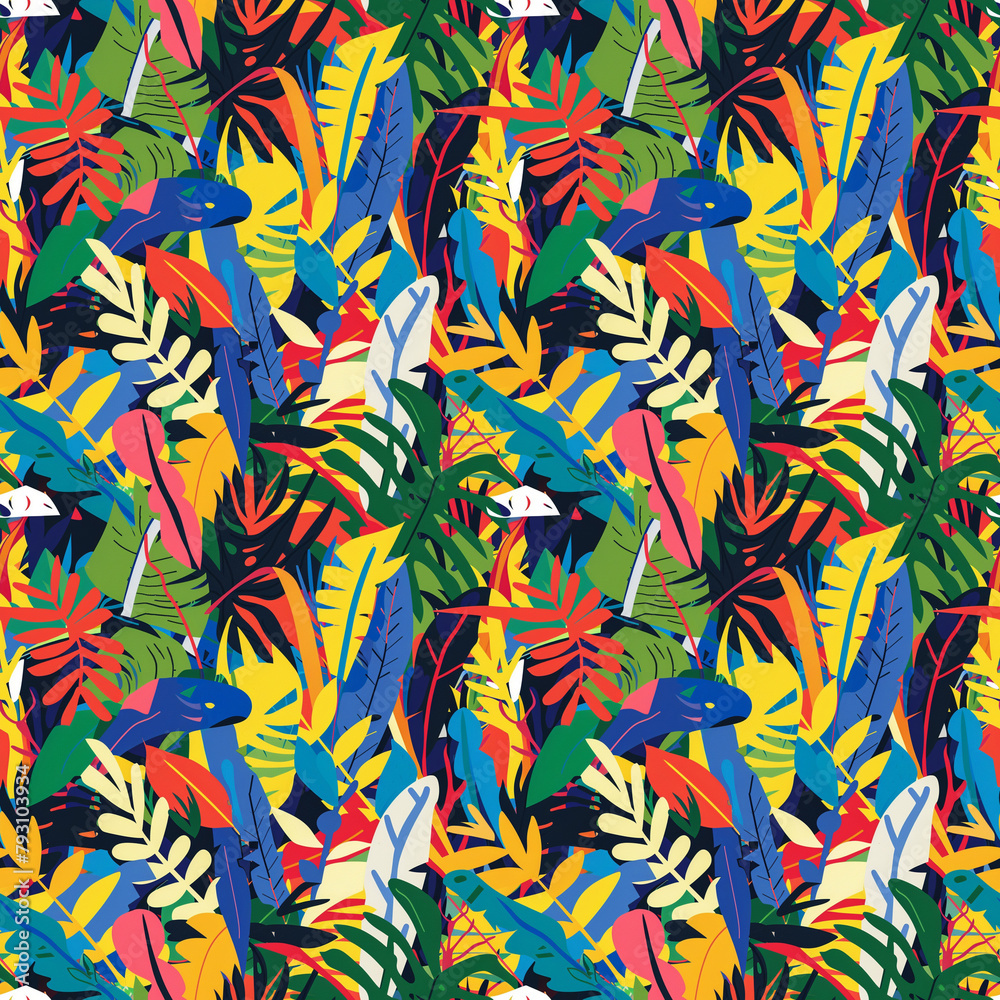 Colorful jungle foliage and exotic birds in a tropical pattern Colorful jungle foliage and exotic birds in a tropical pattern