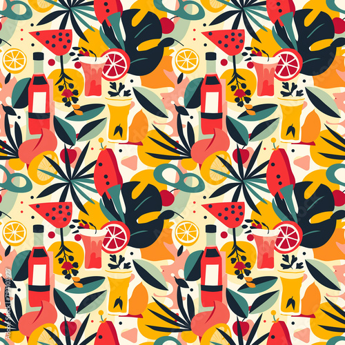 Summer vibes with refreshing drinks and tropical leaves pattern