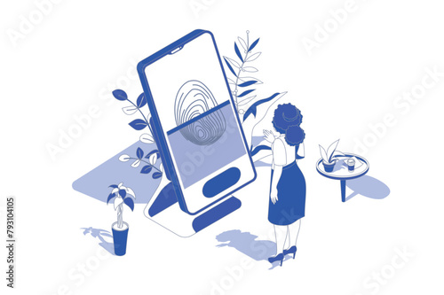 Biometric control 3d isometric concept in isometry graphic design for web. People scene with woman logins to online account or unblock mobile phone with fingerprint identity. Vector illustration.