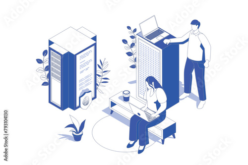 Data center 3d isometric concept in isometry graphic design for web. People scene with engineers work at server tech support, maintain infrastructure, monitoring security system. Vector illustration.