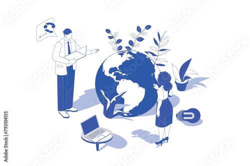 Global business 3d isometric concept in isometry graphic design for web. People scene with colleagues team developing international company with remote workers and freelancers. Vector illustration.