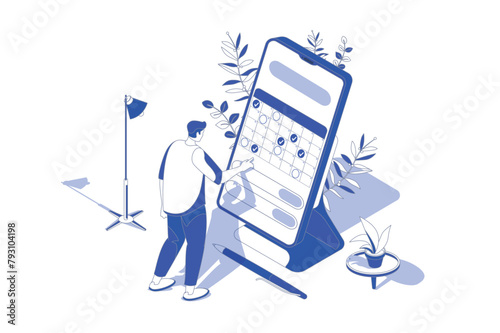 Mobile organizer 3d isometric concept in isometry graphic design for web. People scene with man using app for organizing work tasks and daily activities, marking date in calendar. Vector illustration.
