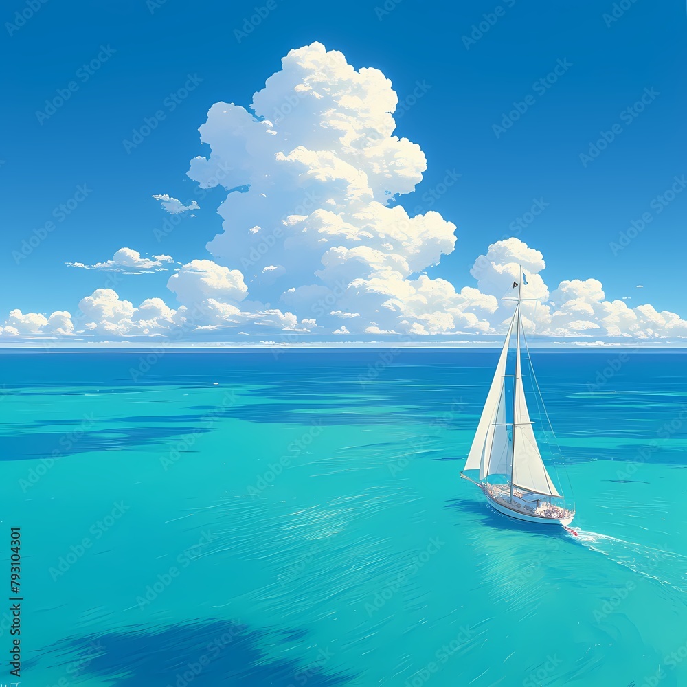 Spectacular Sailing Scene: A Single Yacht Embarks upon a Serene Journey across the Turquoise Sea