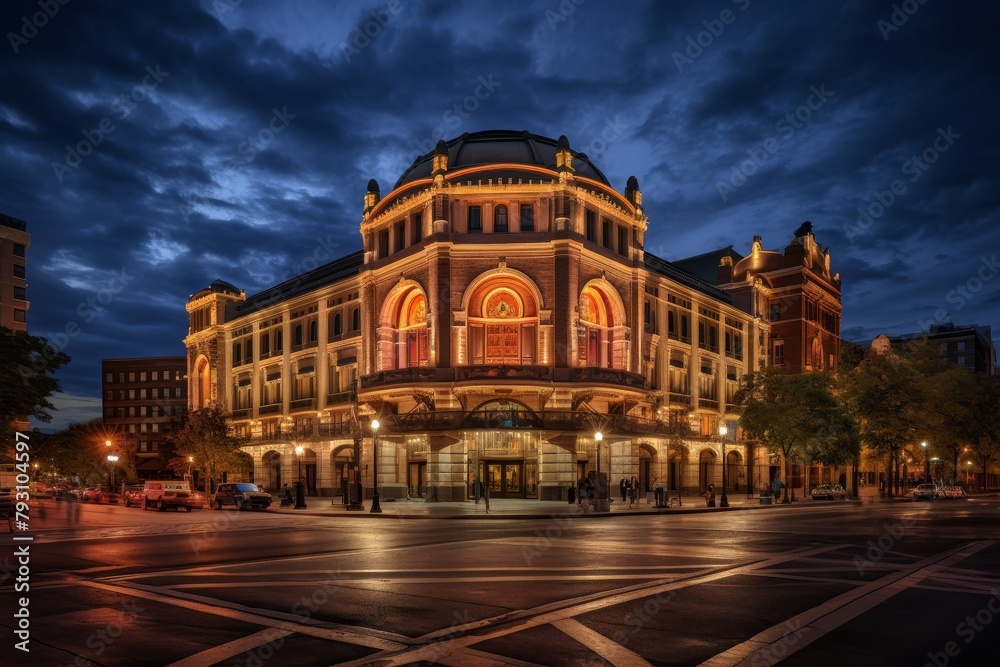 A Majestic Public Theater Illuminated at Dusk, Showcasing Its Ornate Architecture and Bustling with Excited Patrons