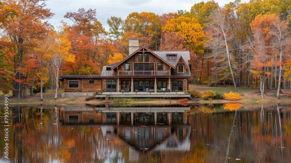 Obraz premium Nice modern triangular house near lake