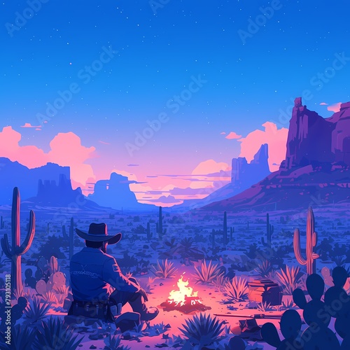 Embark on a Classic Western Journey with this Vivid Sunset Scene Featuring a Lone Cowboy in Silhouette © RobertGabriel