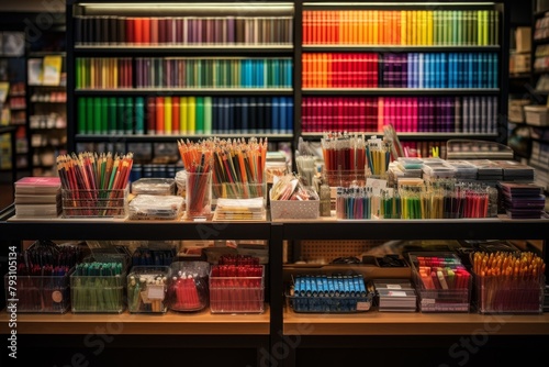 An Eclectic Stationery Store Overflowing with Artistic Supplies, from Colorful Pens and Pencils to Unique Paper and Craft Materials