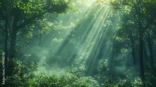 A lush, emerald forest shrouded in the gentle embrace of morning fog, with sunbeams piercing through the canopy like spears of light