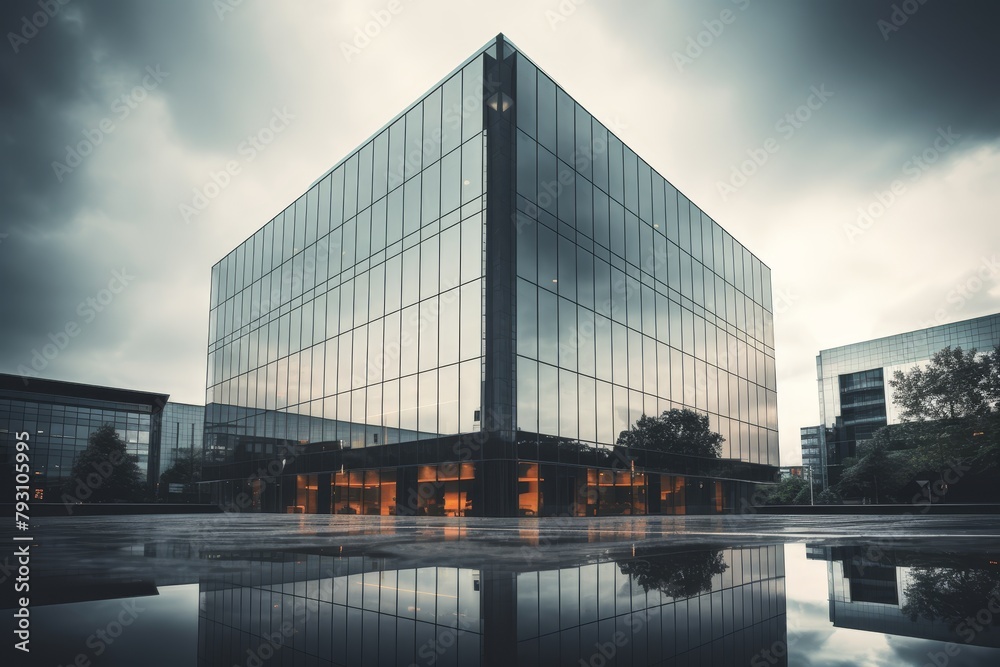 A Modern Ash Gray Functional Office Building with Glass Windows Reflecting the Overcast Sky A Modern Ash Gray Functional Office Building with Glass Windows Reflecting the Overcast Sky