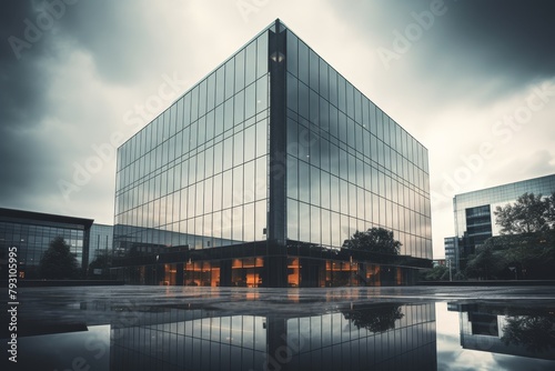 A Modern Ash Gray Functional Office Building with Glass Windows Reflecting the Overcast Sky