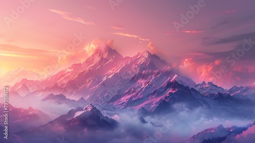 A majestic mountain range cloaked in a blanket of mist, rising stoically against the rosy hues of a sunrise
