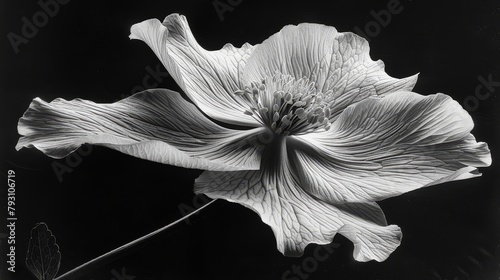  A monochrome image of a blooming flower, developing from its center towards the middle