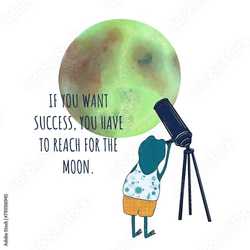 The frog looks through a telescope at the moon. illustration