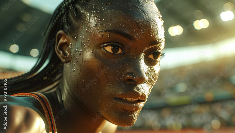 A sprinter at the peak of her race. Close up view A sprinter at the peak of her race. Close up view