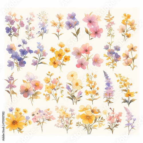 A collection of vibrant floral watercolors in hues of purple  pink  blue  and yellow  perfect for adding life to any design.