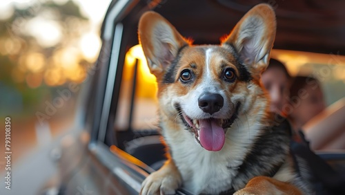 A joyful dog enjoying a road trip with its owners. Concept Pets, Travel, Joy, Road trip, Lifestyle photo