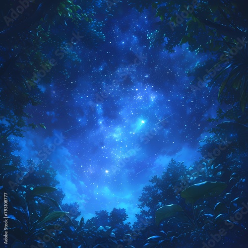 A captivating view of a star-studded night sky from deep within the forest, encapsulating serenity and mysticism.