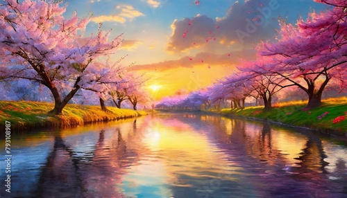 季節は春、ただの夕日、ただの水面、ただの桜、それがただ美しくて心打たれる