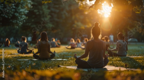 A serene image of a yoga class in a park, practicing social distancing, showcasing how communities adapt to maintain mental and physical health in a new normal. photo