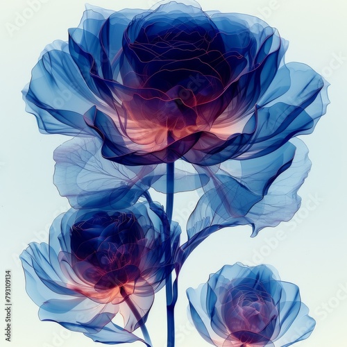 Transparent florals with cyber silverpoint impressionism.
Ethereal X-ray of blooming flowers highlighting the intricate petal structures