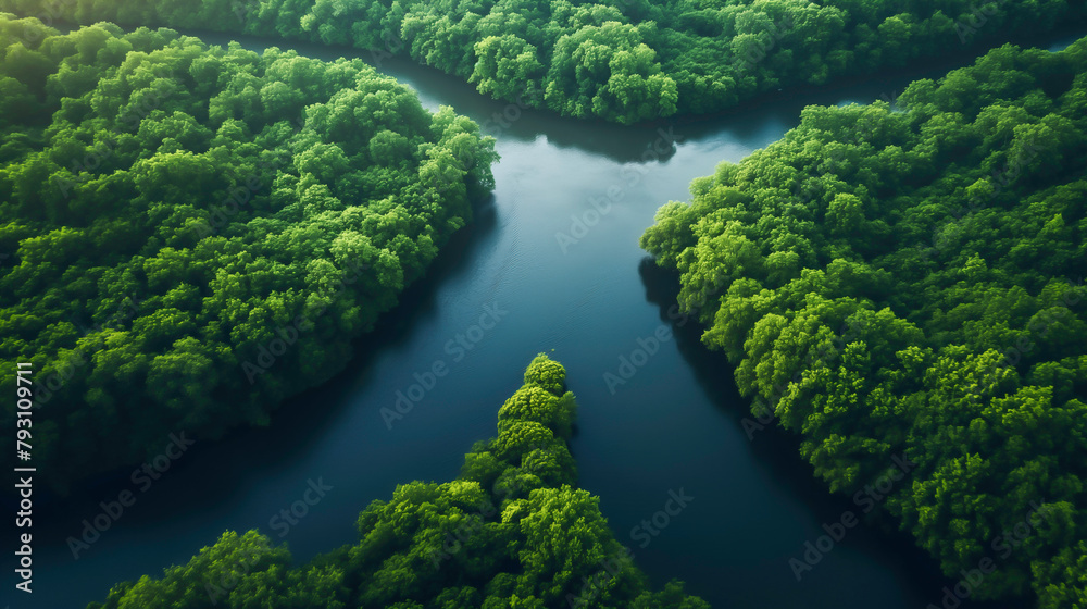 Fototapeta premium Aerial view landscape of a river winding through a dense forest. Showing the perfection of nature.