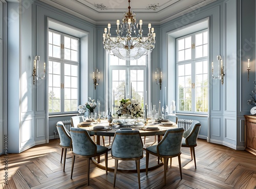 Modern classic style dining room with round table and chairs, big chandelier on the ceiling, large windows, light blue walls, wooden floor, white candles in vases on top of each