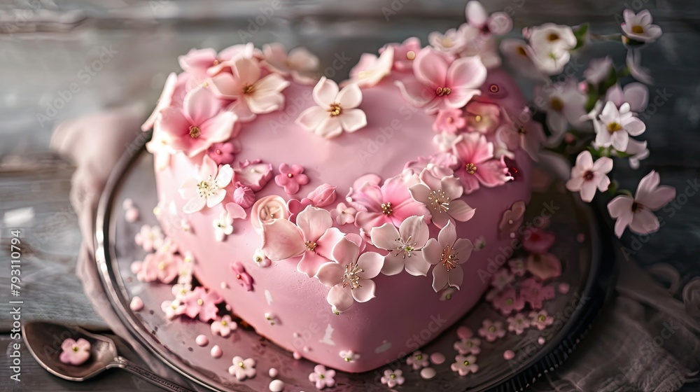 Heart shaped pink cake adorned with delicate flowers