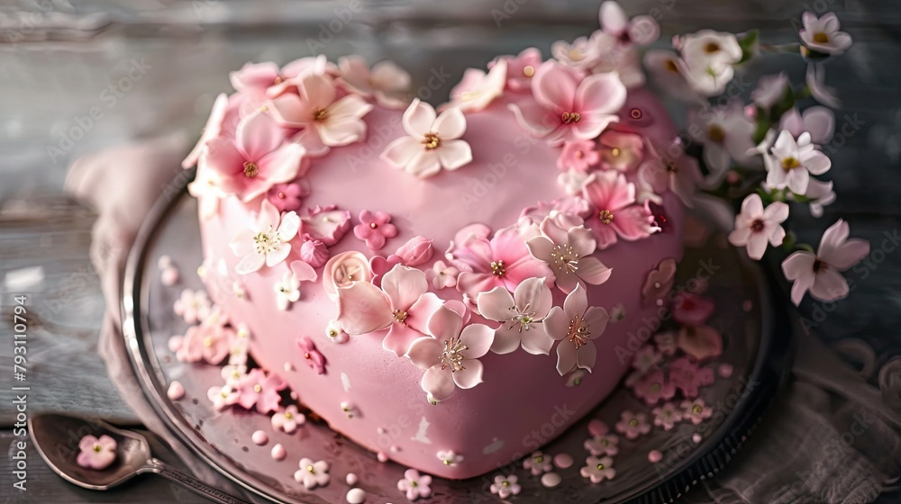 Heart shaped pink cake adorned with delicate flowers Heart shaped pink cake adorned with delicate flowers
