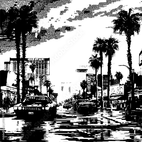 Las Vegas Pixel Art Illustration, Las Vegas in Black and White Color Palette