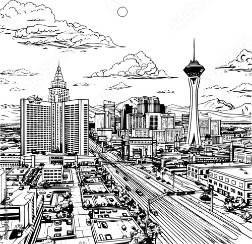 Las Vegas Coloring Book Illustration, Outline Realistic Image of Sightseeing in Las Vegas