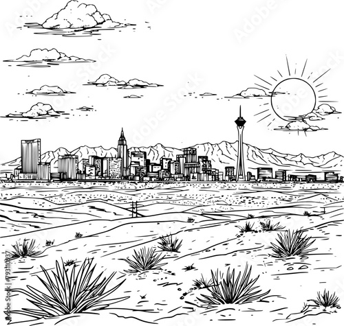 Las Vegas Coloring Book Illustration, Outline Realistic Image of Sightseeing in Las Vegas