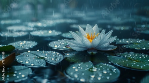  A white water lily floats atop a pond, its surface dotted with lily pads Raindrops bejewel the green leaves, while the lily'