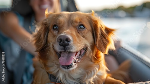 Enthusiastic dog enjoying a road trip with delighted owners. Concept Pet Travel, Happy Dogs, Road Trip Happiness, Outdoor Adventures, Furry Friends