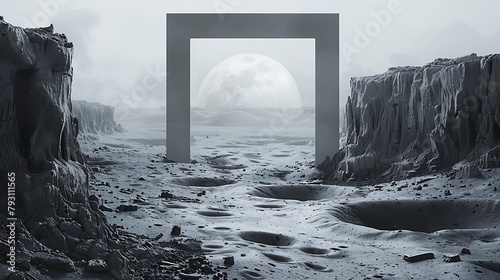 A surreal lunar landscape, with craters and jagged rock formations, framing a white blank mockup frame against a backdrop of cool, desaturated grays and blacks photo