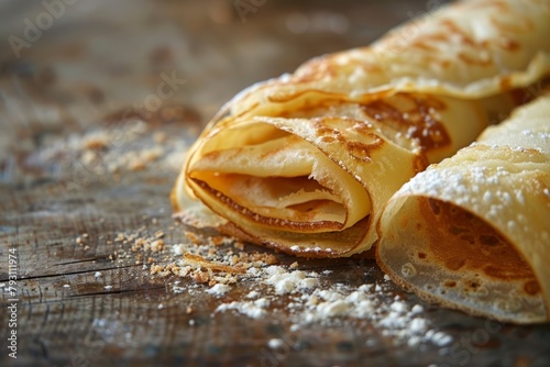 Rolled Homemade Crepes with Powdered Sugar. Generative AI.