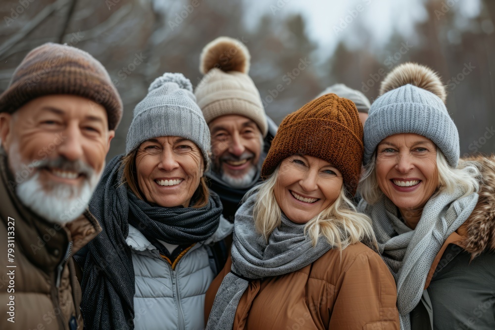 Group of senior friends in winter clothes smiling and looking at camera.