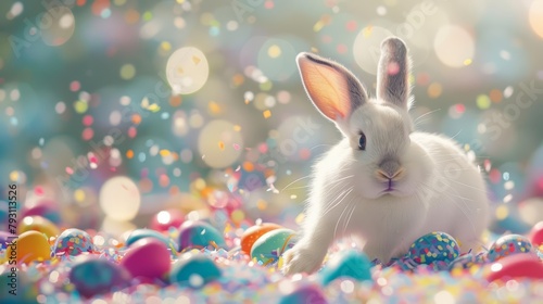 A fluffy white rabbit with a mischievous glint in its eye navigates a maze of colorful eggs, leaving a trail of sparkly confetti in its wake, a whimsical guide for the Easter egg hunt