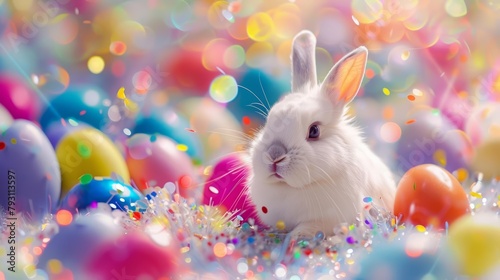 A fluffy white rabbit with a mischievous glint in its eye navigates a maze of colorful eggs, leaving a trail of sparkly confetti in its wake, a whimsical guide for the Easter egg hunt photo