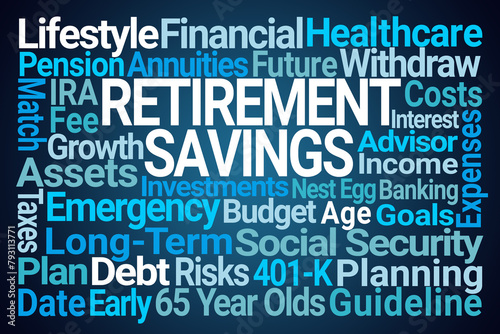 Retirement Savings Word Cloud on Blue Background