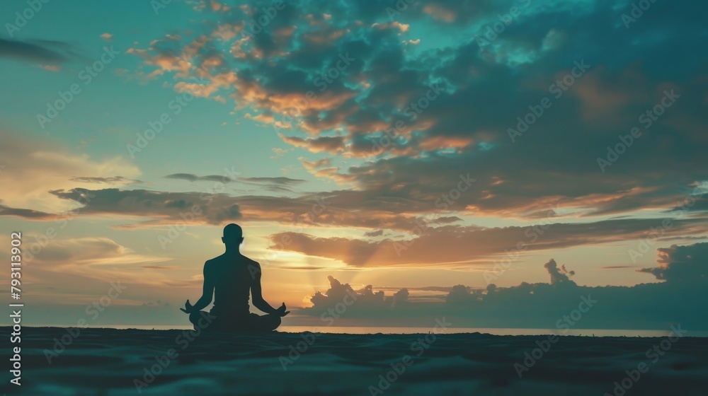 A serene scene of an individual practicing meditation at sunrise, their silhouette against the calming hues of the morning sky, embodying tranquility and mindfulness.