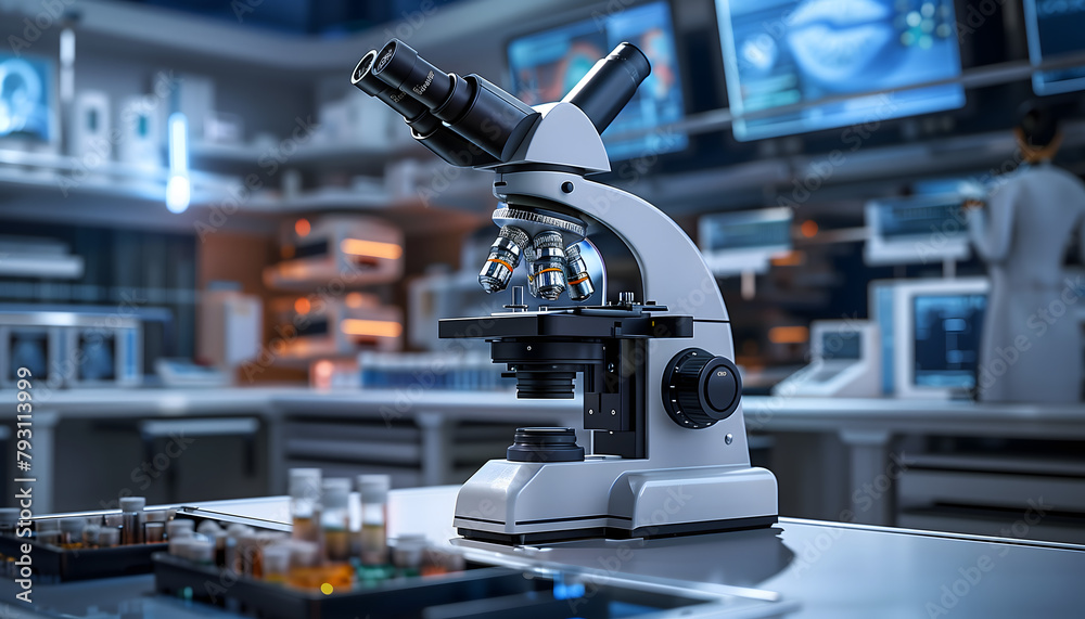 Fototapeta premium A microscope in a medical research laboratory, where scientists work tirelessly