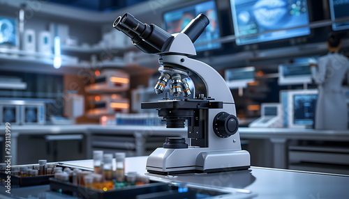 A microscope in a medical research laboratory, where scientists work tirelessly