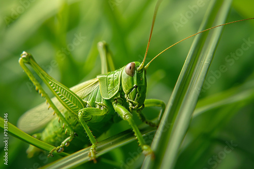A macro shot of a green grasshopper perched on a blade of grass.