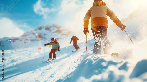 A group of friends participating in winter sports, skiing and snowboarding down snowy slopes, filled with excitement and adventure. , natural light, soft shadows, with copy space photo