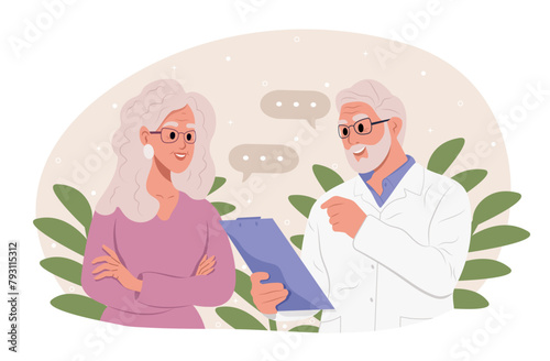 A doctor is talking to an elderly patient. Awareness of the elderly about, Alzheimers disease, Cardiovascular diseases, Cancer, Osteoporosis, Arthritis, Parkinsons disease, Diabetes.