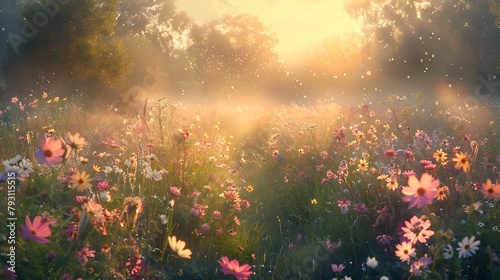 A tranquil meadow  painted in the soft pastels of twilight  where wildflowers sway in a whispering breeze