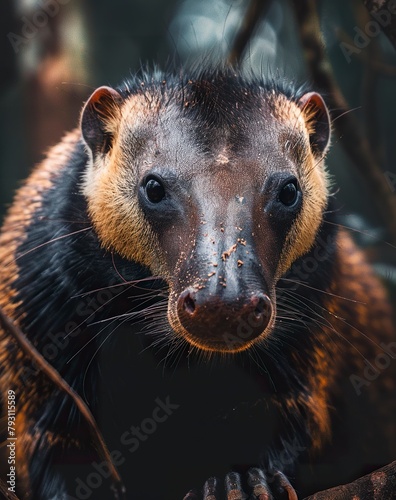 Close-up of an anteater in front view revealing the animal's distinct characteristics. Anteater in calm and serene posture on a blurred dark forest background. photo